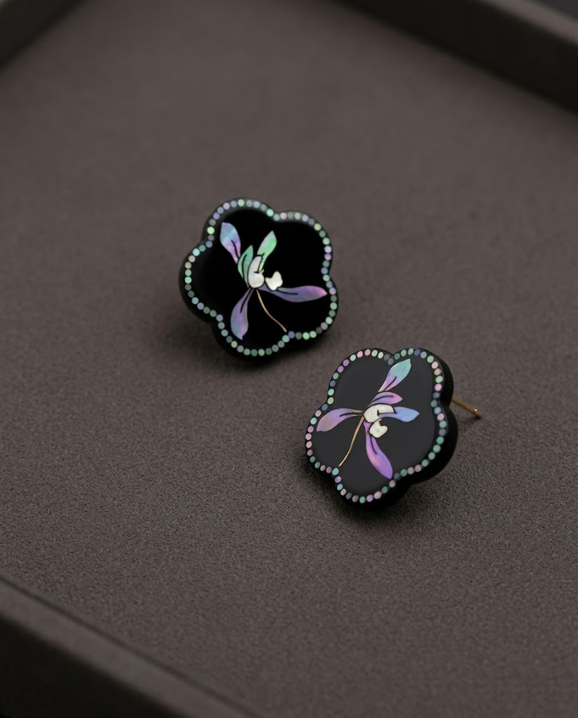 Mystic Orchid — Hand-Polished Lacquer & Raden Earrings - Image 3